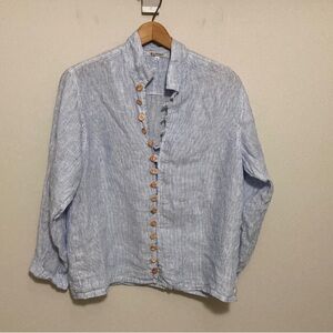 B. Loose Blue Striped Button-Up Linen Shirt with Wooden Buttons, Size Small